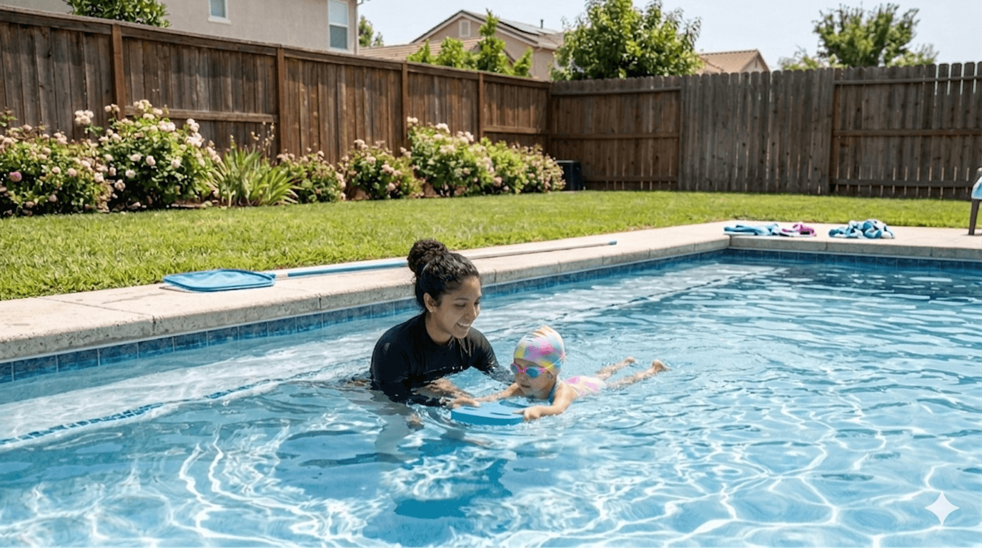 Private swim instructor teaching a child in a residential pool