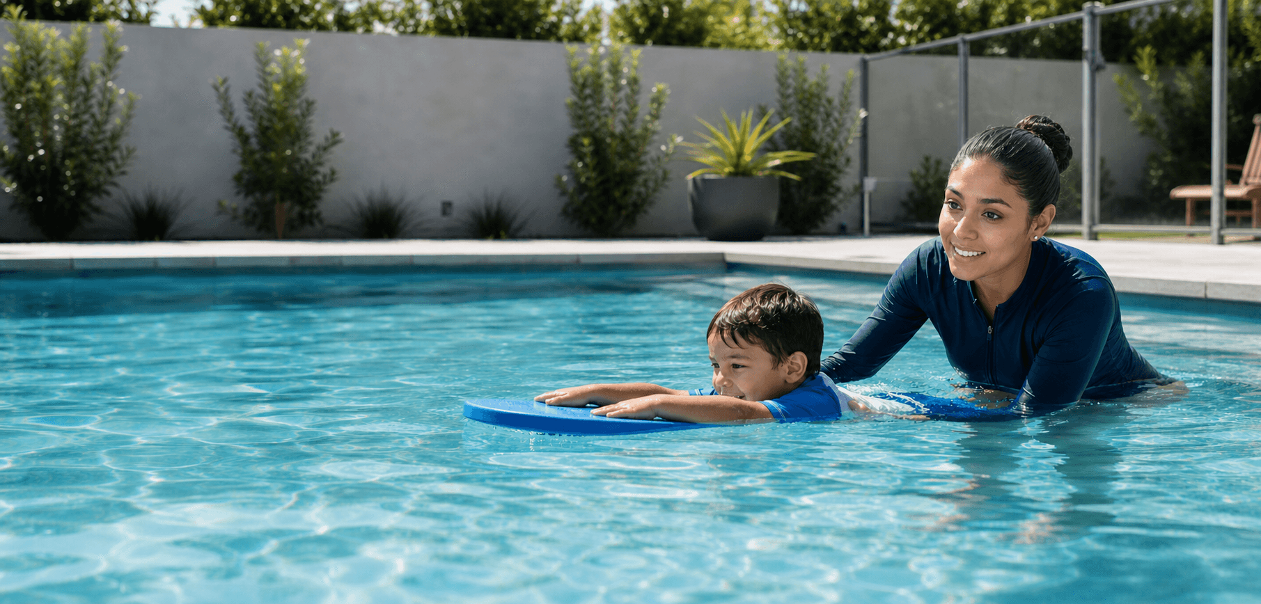 Private swim instructor teaching a child in a residential pool